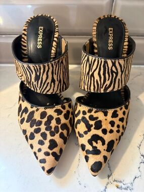 Express Mule Heels Womens Size 7 Animal Print Pointed Toe Modern Trendy